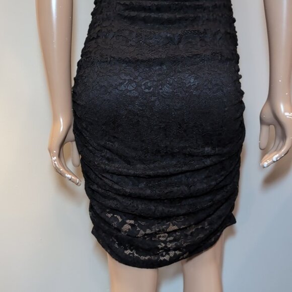 Express Ruched Lace Bodycon Dress Sleeveless Vneck Vback Fitted Cocktail LBD - Picture 8 of 14